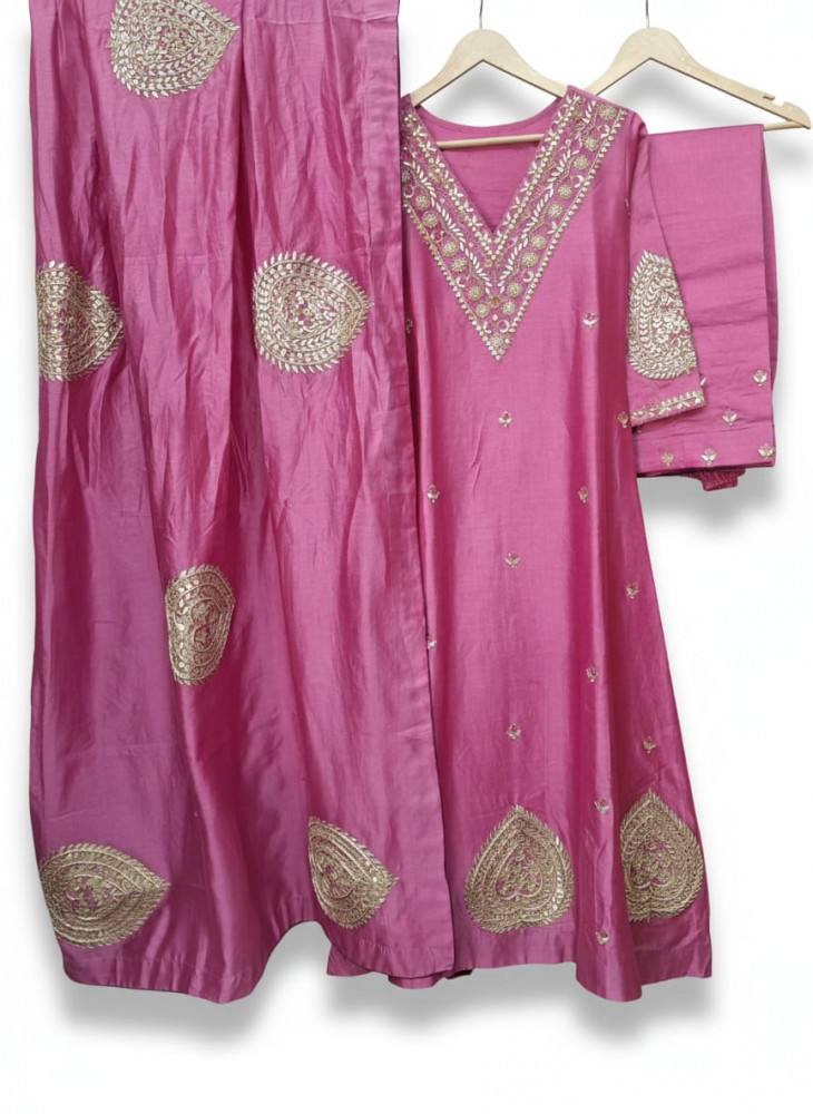 Image of ROSE PINK HANDWORK SUIT PANT AND DUPATTA SET