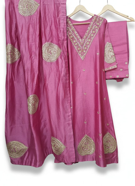 ROSE PINK HANDWORK SUIT PANT AND DUPATTA SET