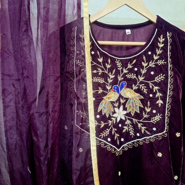 WINE HANDWORK SHORT KURTI SKIRT AND DUPATTA SET