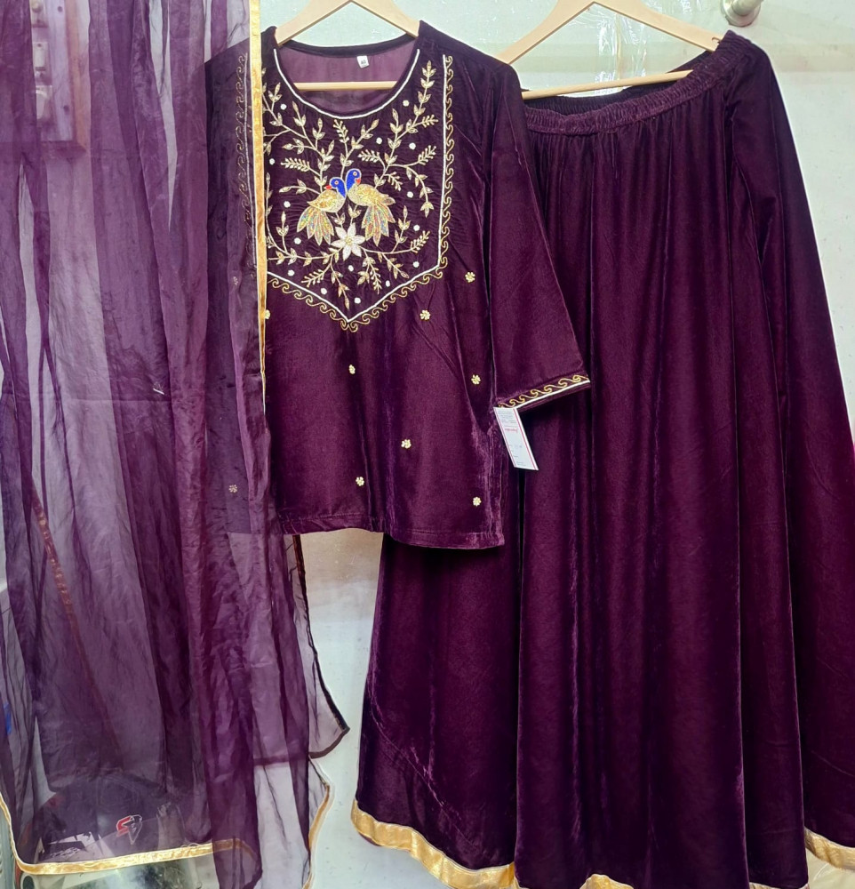 Image of WINE HANDWORK SHORT KURTI SKIRT AND DUPATTA SET