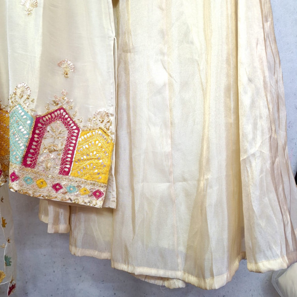 OFF WHITE HANDWORK KURTI FLAYED PLAZZO AND DUPATTA SET