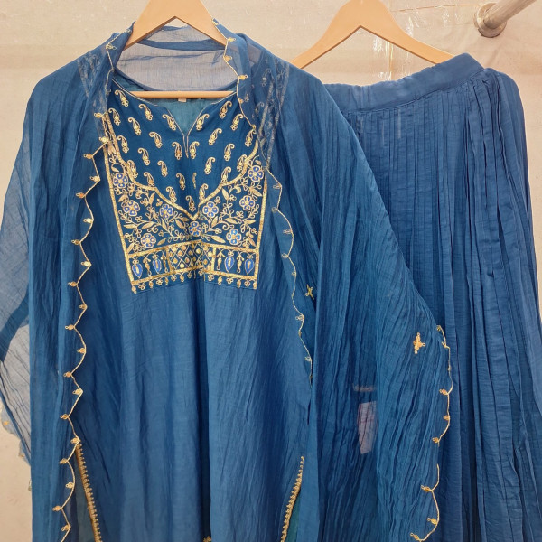 ELECTRIC BLUE HANDWORK SHORT SKIRT AND DUPATTA SET