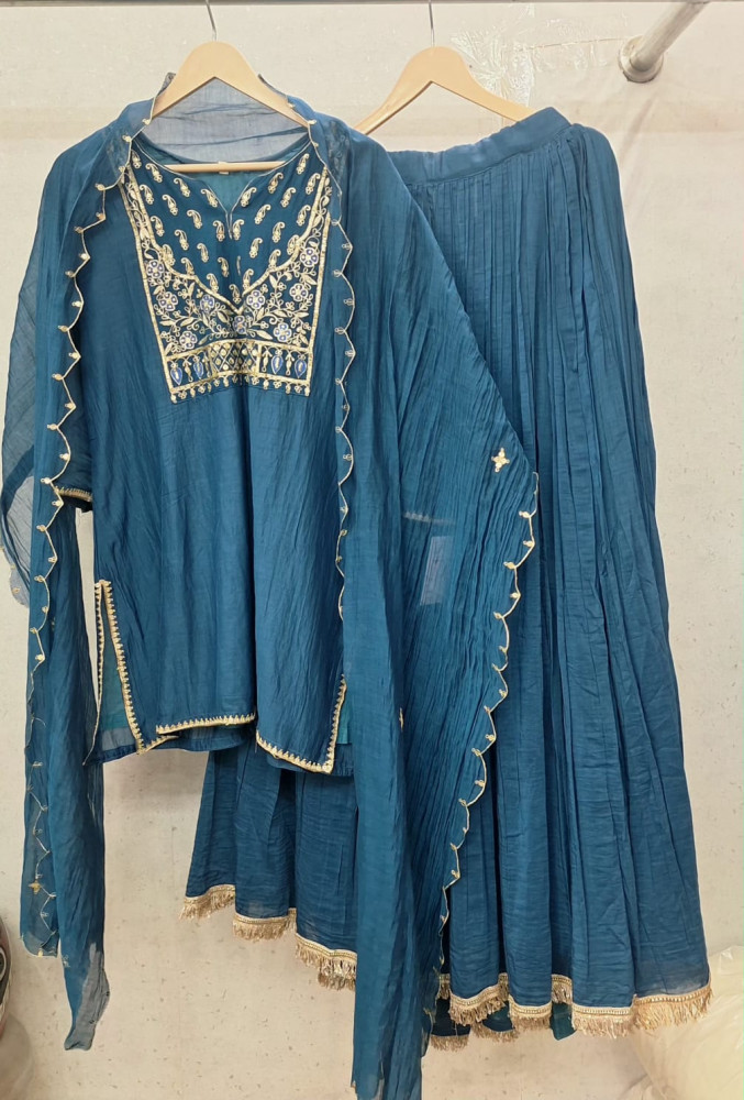 Image of ELECTRIC BLUE HANDWORK SHORT SKIRT AND DUPATTA SET