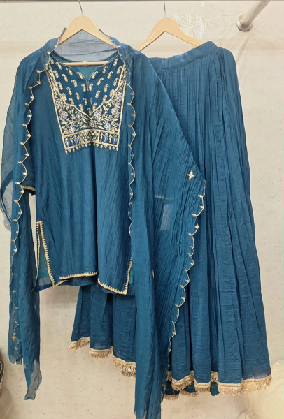 ELECTRIC BLUE HANDWORK SHORT SKIRT AND DUPATTA SET