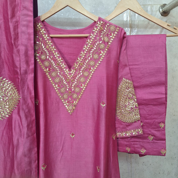 ROSE PINK HANDWORK SUIT PANT AND DUPATTA SET