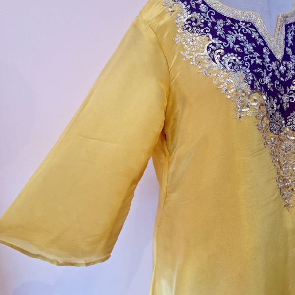 LIGHT YELLOW PURPLE PATCH HANDWORK INDO WESTERN SET