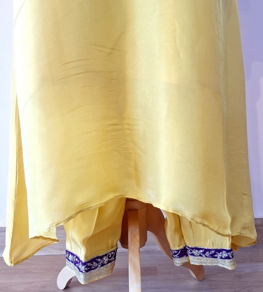 LIGHT YELLOW PURPLE PATCH HANDWORK INDO WESTERN SET