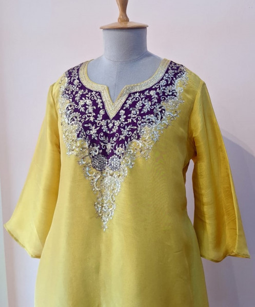 LIGHT YELLOW PURPLE PATCH HANDWORK INDO WESTERN SET