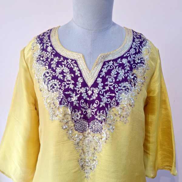 LIGHT YELLOW PURPLE PATCH HANDWORK INDO WESTERN SET