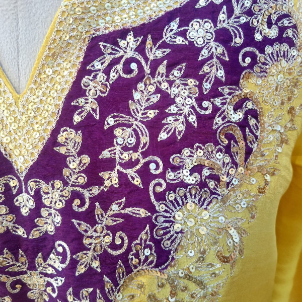 LIGHT YELLOW PURPLE PATCH HANDWORK INDO WESTERN SET