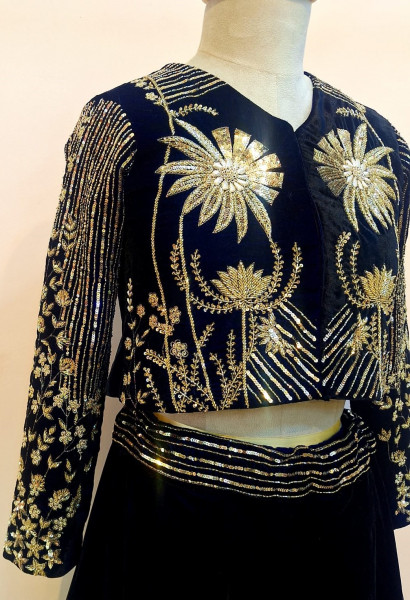 BLACK VELVET HANDWORK TOP AND SKIRT SET