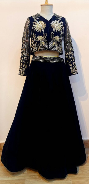 BLACK VELVET HANDWORK TOP AND SKIRT SET