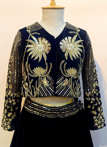 BLACK VELVET HANDWORK TOP AND SKIRT SET