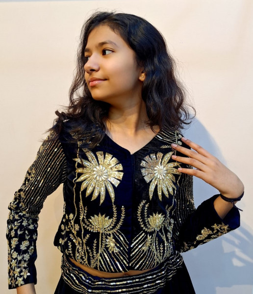 BLACK VELVET HANDWORK TOP AND SKIRT SET