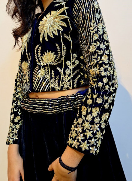 BLACK VELVET HANDWORK TOP AND SKIRT SET