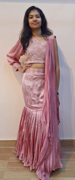 ONION PINK HANDWORK ONE SIDE OFF SHOULDER TOP FISH CUT SKIRT AND BUTTERFLY DUPATTA SET