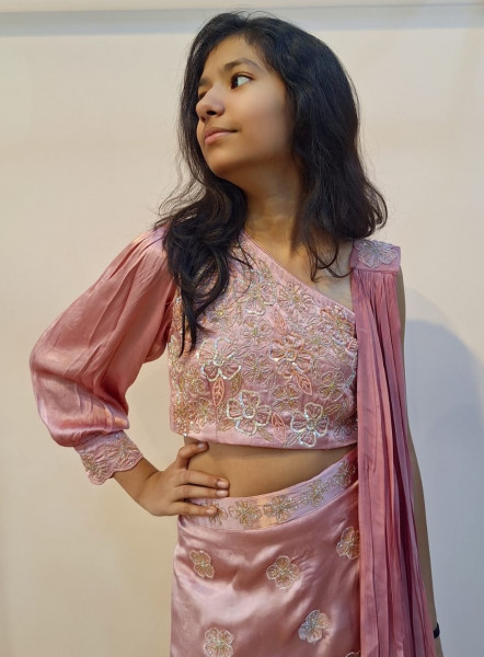 ONION PINK HANDWORK ONE SIDE OFF SHOULDER TOP FISH CUT SKIRT AND BUTTERFLY DUPATTA SET
