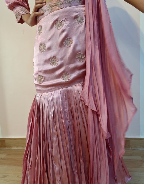 ONION PINK HANDWORK ONE SIDE OFF SHOULDER TOP FISH CUT SKIRT AND BUTTERFLY DUPATTA SET