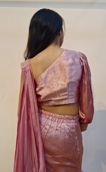 ONION PINK HANDWORK ONE SIDE OFF SHOULDER TOP FISH CUT SKIRT AND BUTTERFLY DUPATTA SET