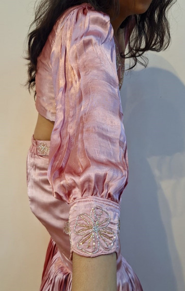 ONION PINK HANDWORK ONE SIDE OFF SHOULDER TOP FISH CUT SKIRT AND BUTTERFLY DUPATTA SET