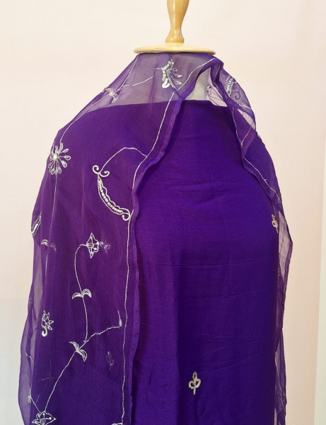 PURPLE DOLA SILK HANDWORK UNSTITCHED SUIT PANT AND DUPATTA SET