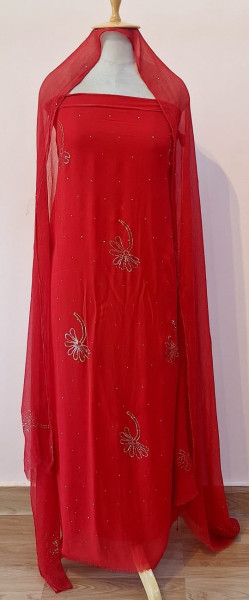 RED DOLA SILK HANDWORK UNSTITCHED SUIT PANT AND DUPATTA SET