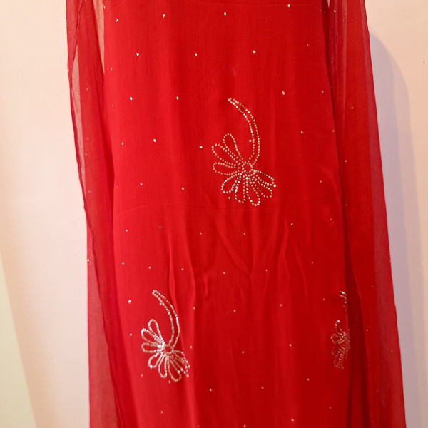 RED DOLA SILK HANDWORK UNSTITCHED SUIT PANT AND DUPATTA SET