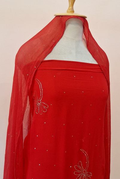 RED DOLA SILK HANDWORK UNSTITCHED SUIT PANT AND DUPATTA SET