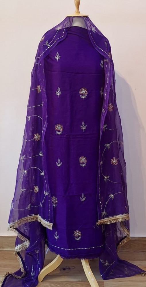 Image of PURPLE DOLA SILK HANDWORK UNSTITCHED SUIT PANT AND DUPATTA SET