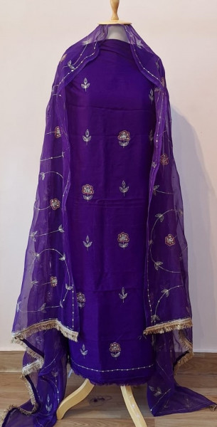 PURPLE DOLA SILK HANDWORK UNSTITCHED SUIT PANT AND DUPATTA SET