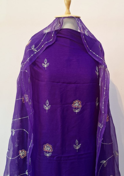 PURPLE DOLA SILK HANDWORK UNSTITCHED SUIT PANT AND DUPATTA SET