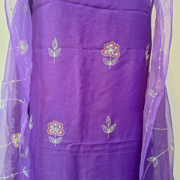 PURPLE DOLA SILK HANDWORK UNSTITCHED SUIT PANT AND DUPATTA SET