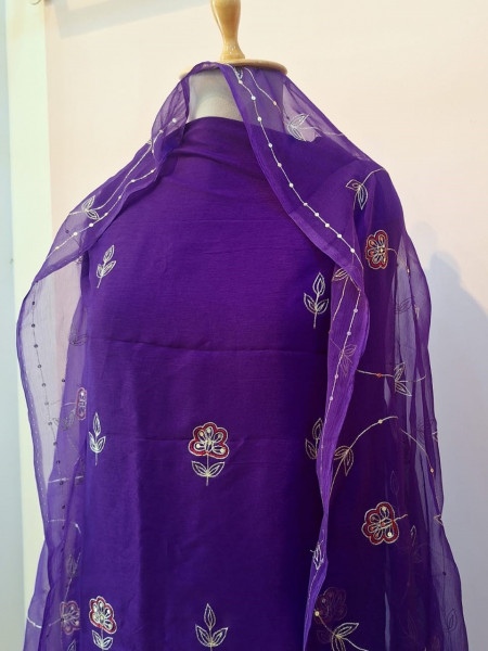 PURPLE DOLA SILK HANDWORK UNSTITCHED SUIT PANT AND DUPATTA SET
