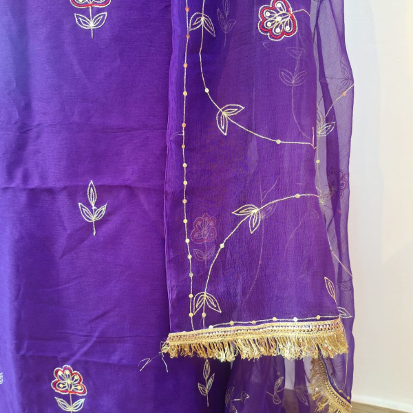 PURPLE DOLA SILK HANDWORK UNSTITCHED SUIT PANT AND DUPATTA SET