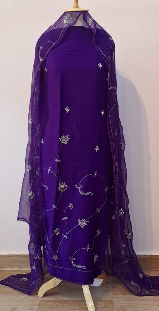 Image of PURPLE DOLA SILK HANDWORK UNSTITCHED SUIT PANT AND DUPATTA SET