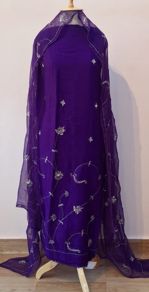 PURPLE DOLA SILK HANDWORK UNSTITCHED SUIT PANT AND DUPATTA SET