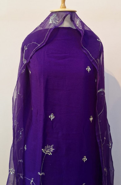 PURPLE DOLA SILK HANDWORK UNSTITCHED SUIT PANT AND DUPATTA SET