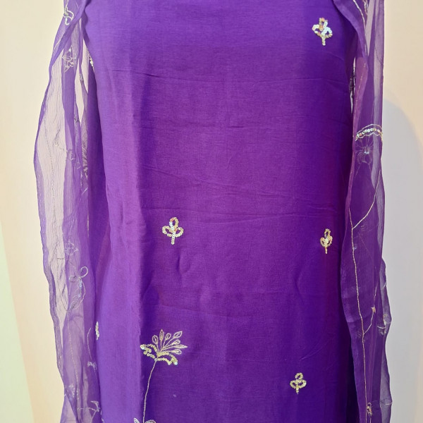 PURPLE DOLA SILK HANDWORK UNSTITCHED SUIT PANT AND DUPATTA SET