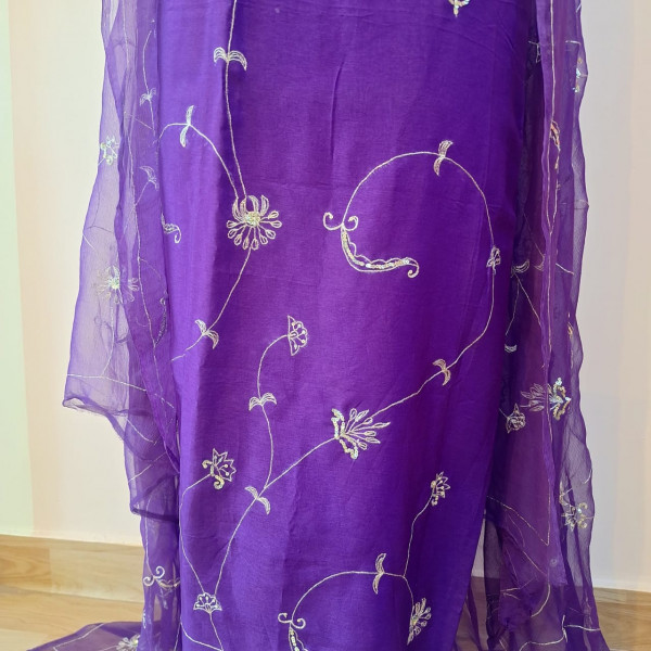 PURPLE DOLA SILK HANDWORK UNSTITCHED SUIT PANT AND DUPATTA SET
