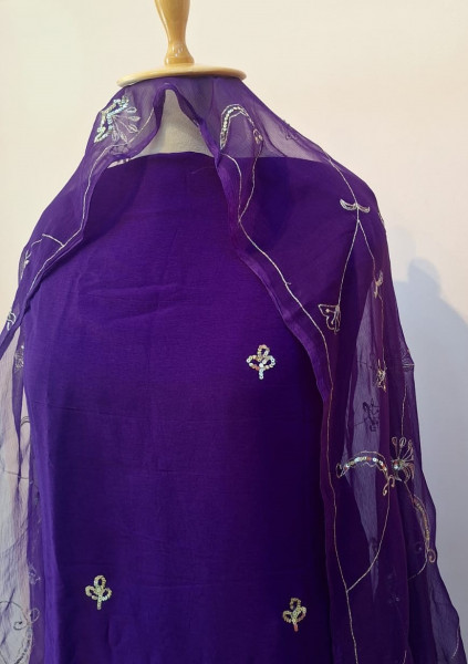 PURPLE DOLA SILK HANDWORK UNSTITCHED SUIT PANT AND DUPATTA SET