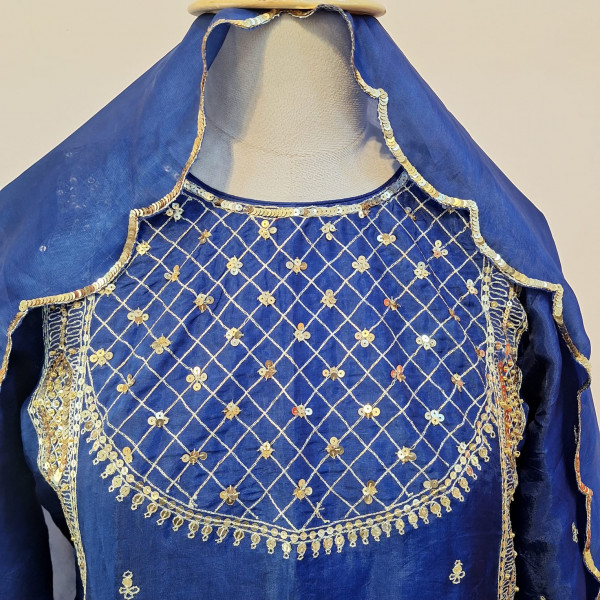 ROYAL BLUE SUMMER SILK HANDWORK SHORT KURTI PALAZZO AND DUPATTA SET