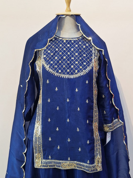 ROYAL BLUE SUMMER SILK HANDWORK SHORT KURTI PALAZZO AND DUPATTA SET