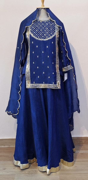 ROYAL BLUE SUMMER SILK HANDWORK SHORT KURTI PALAZZO AND DUPATTA SET