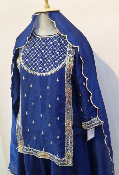 ROYAL BLUE SUMMER SILK HANDWORK SHORT KURTI PALAZZO AND DUPATTA SET