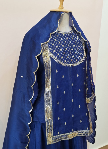ROYAL BLUE SUMMER SILK HANDWORK SHORT KURTI PALAZZO AND DUPATTA SET