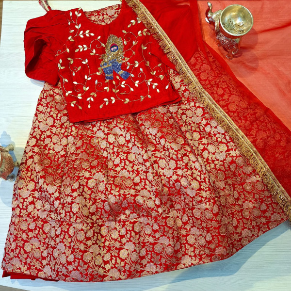 RED SUMMER SILK HANDWORK TOP SKIRT AND DUPATTA KIDS SET