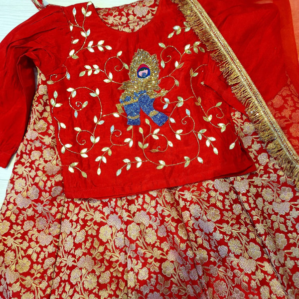 RED SUMMER SILK HANDWORK TOP SKIRT AND DUPATTA KIDS SET