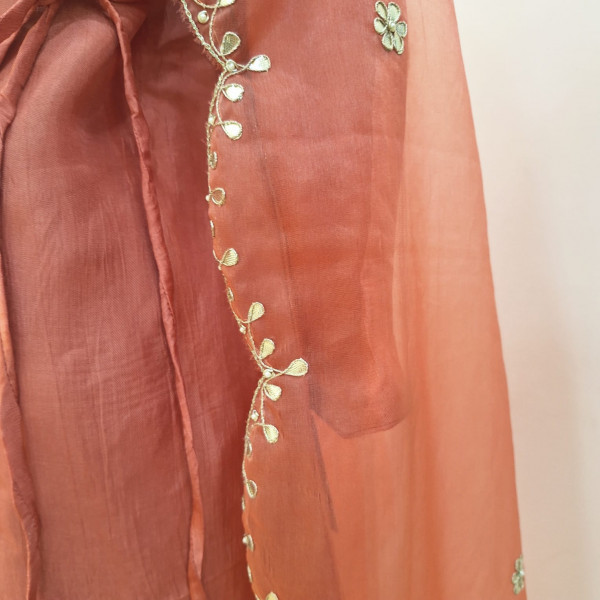 PEACH SUMMER SILK HANDWORK ANGRAKHA SHORT KURTI  AND DUPATTA SET