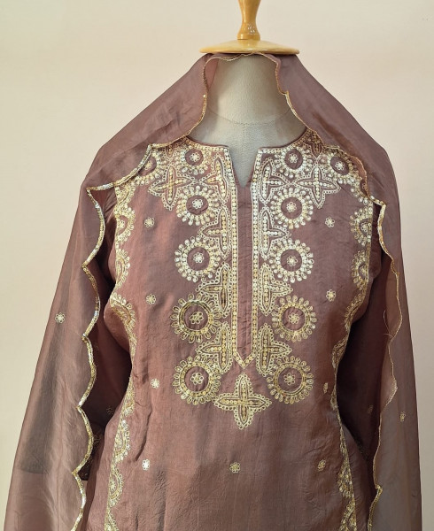 BROWN SUMMER SILK HANDWORK SHORT KURTI FLARED PALAZZO AND DUPATTA SET