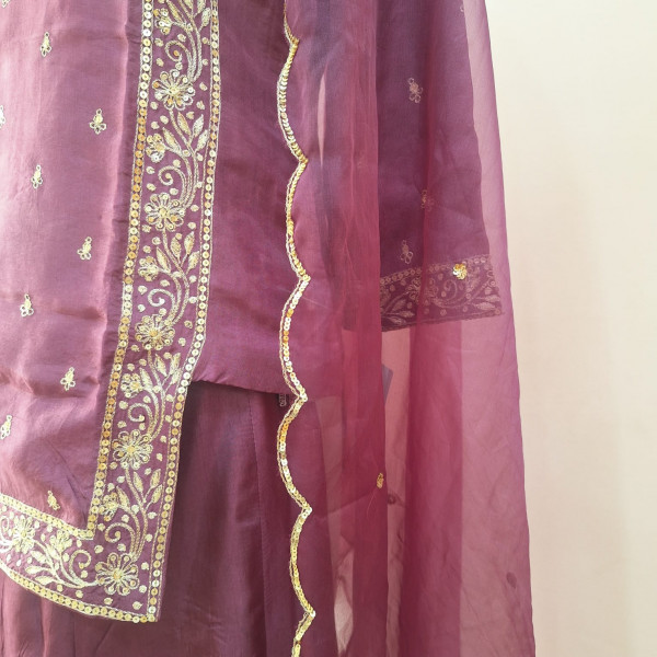 WINE SUMMER SILK HANDWORK SHORT KURTI FLARED PALAZZO AND DUPATTA SET